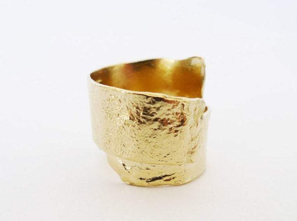 Rustic Textured Organic Shape 14K Gold Ring Unpolished Melting Wide Coiled Luxurious Band Recycled 14K Solid Gold Large Wrap Bark Brutalist freeform