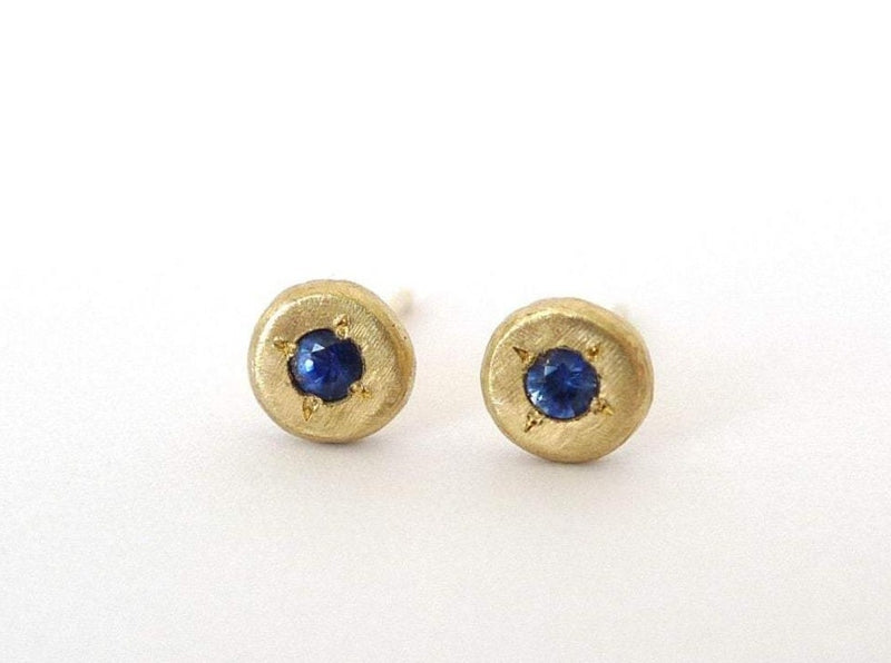 unique earthy round rustic Sapphire earrings recycled gold 14k handmade unpolished studs