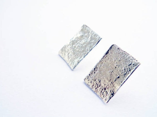 925 silver rustic textured ice inspired shiny silver rectangle flat thin earrings mix and match unisex style