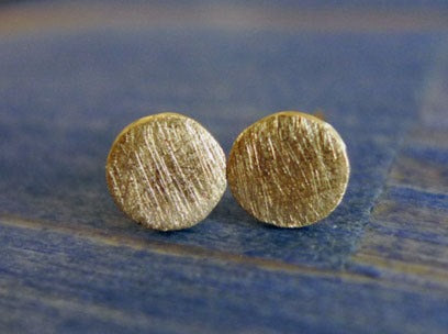 mini organic round studs 14k yellow gold 100% recycled handmade rustic earthy asymmetrical flat disc earrings