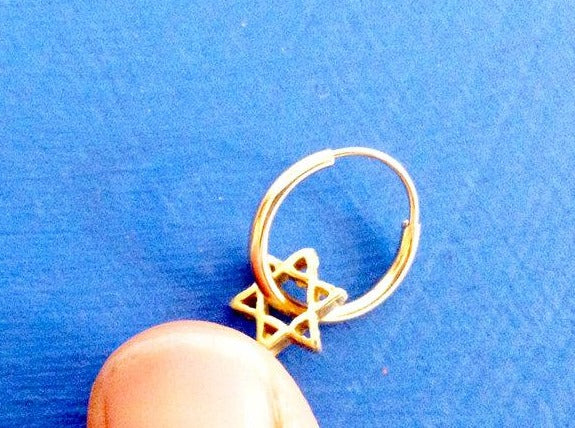 solid gold star of david element hanged on 14k gold endless hoop seamless closure nose ring earring septum helix unisex bar bat mitzvah jewish talisman protection symbol