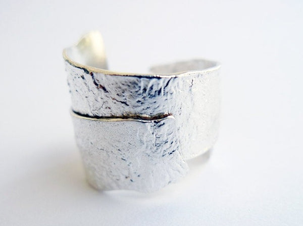 statement wide silver ring rustic textured handmade coil wrap large asymmetric sterling silver band
