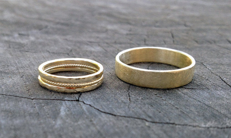טבעת נישואים לגבר לאשה עבודת יד עיצוב עתיק זהב אמיתי 14 קרט מרוקע טקסטורה סט חתונה