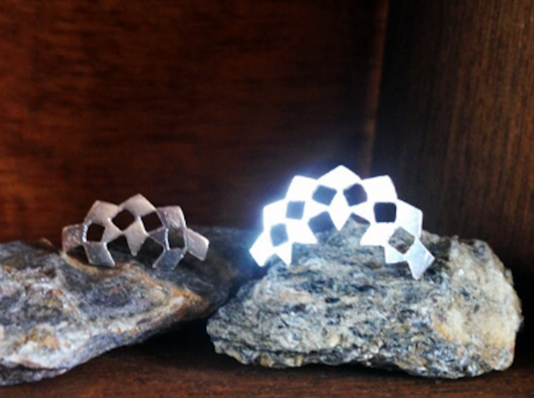 mini mashrabiya cutout fan shape flat modern geometrical stud earrings space invaders style handmade abstract